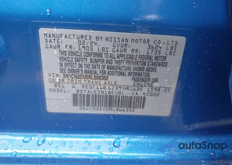 2024 Nissan Versa 1.6 S from USA, damaged, VIN 3N1CN8DV0RL866352